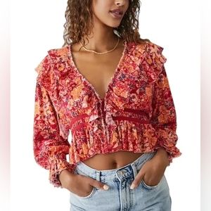 NWT Free People Rudi Printed Ruffle Crop 100% Cotton Blouse Cherry Combo…